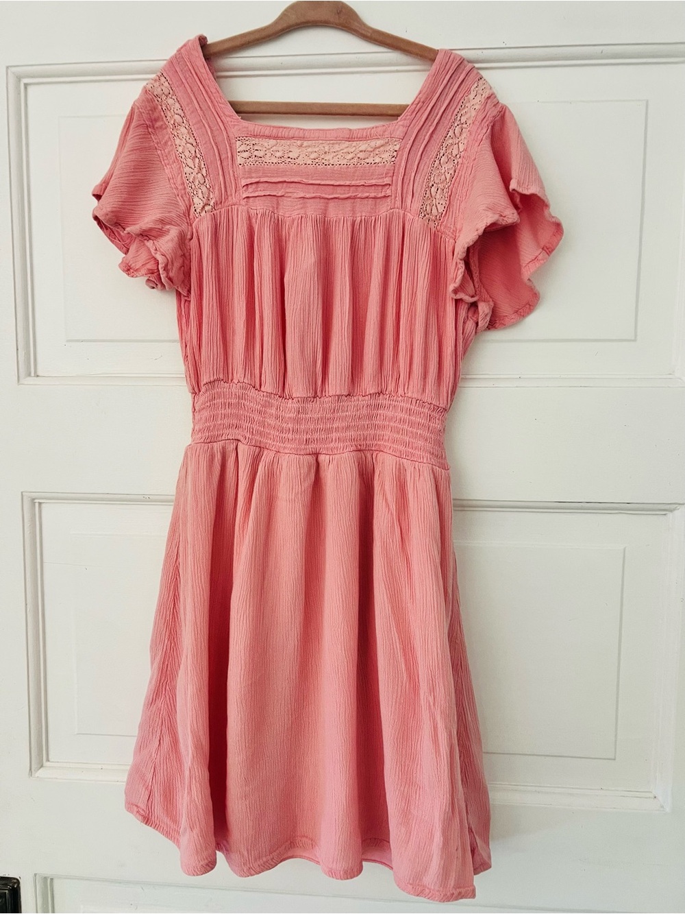 🪸 Love Squared Girls Size 10 Coral Pink Lace Boho Smocked Dress